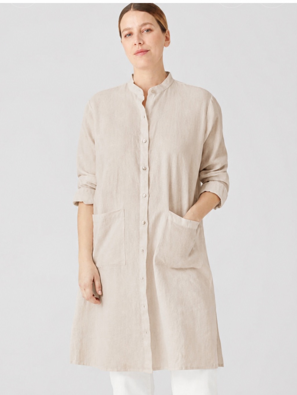Eileen Fisher Organic Linen Mandarin Collar Shirt Dress Size 1X Coastal